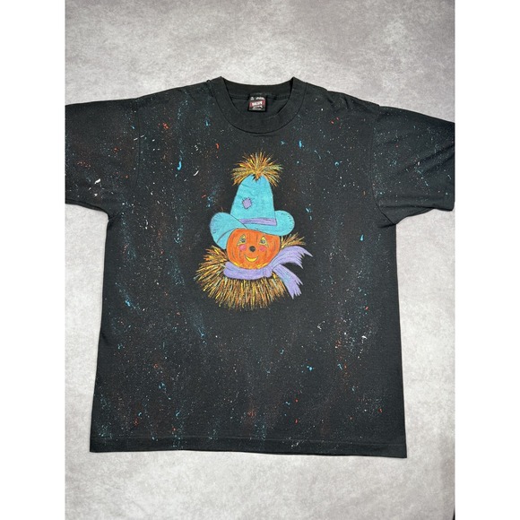 Fruit of the Loom Other - Vintage Pumpkin Scarecrow Shirt Mens XL Black Glitter Halloween Art 90s USA Tee‎